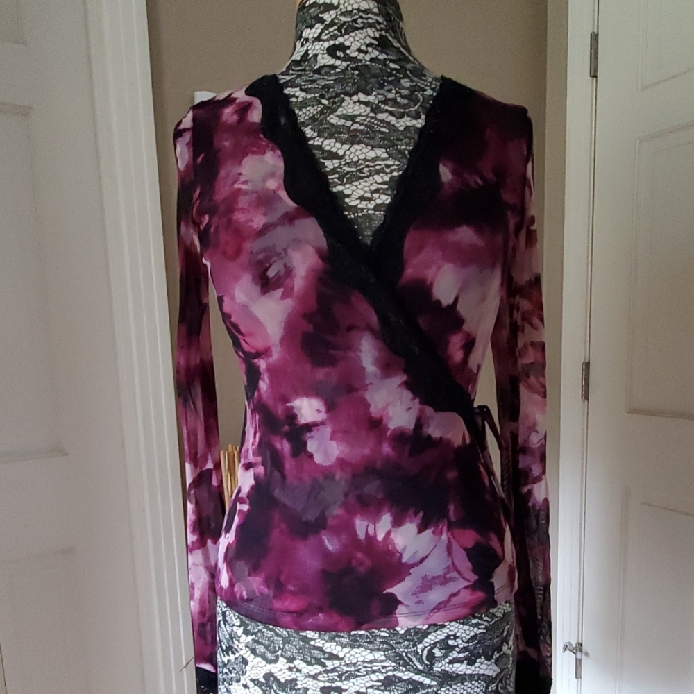 INC mock wrap top with sheer sleeves, size S - Picture 1 of 8